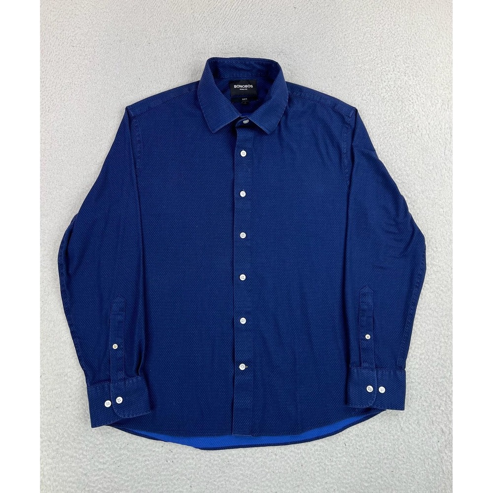 Bonobos Dress Shirt Mens Large Blue Polka Dot Slim Fit Stretch Wrinkle Free LS